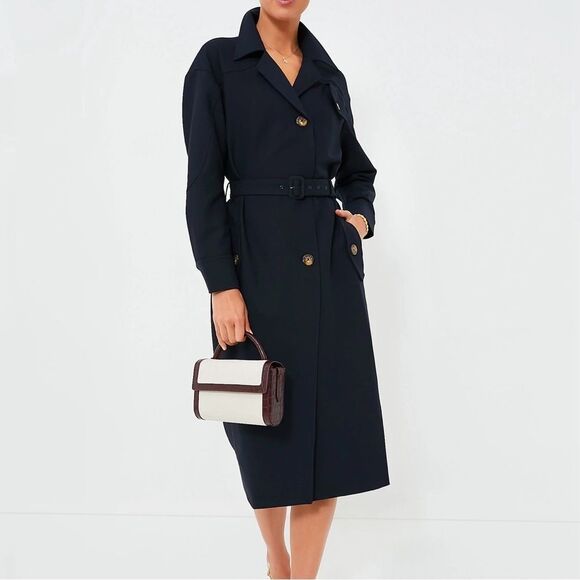 Tuckernuck Navy Addie Long Trench  Coat No Belt Size Large - Picture 1 of 6